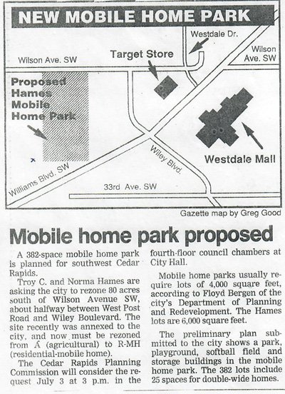 Newspaper image of a new mobile park proposal featuring Hames Homes